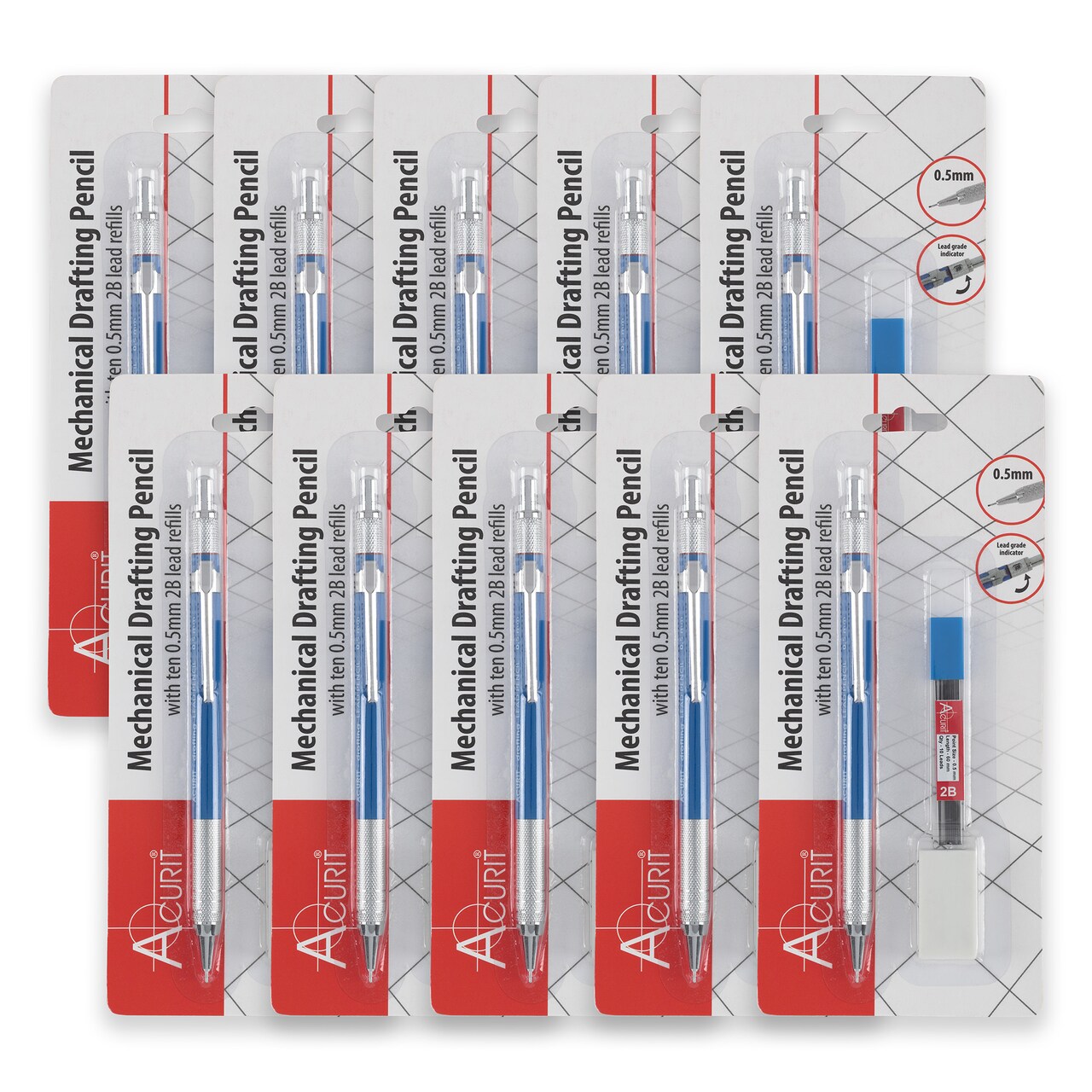 Acurit 0.5mm Drafting Pencil with Pack of 2B Refill Leads - Value Pack of 10 - Drawing Mechanical Pencils for Artists, Drafters, and Engineers - Metal Threaded Anti-Skid Grip, Lead Grade Indicator